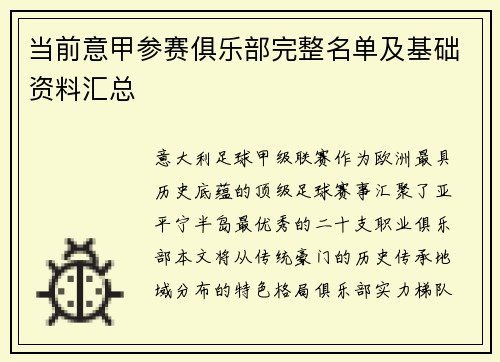 当前意甲参赛俱乐部完整名单及基础资料汇总